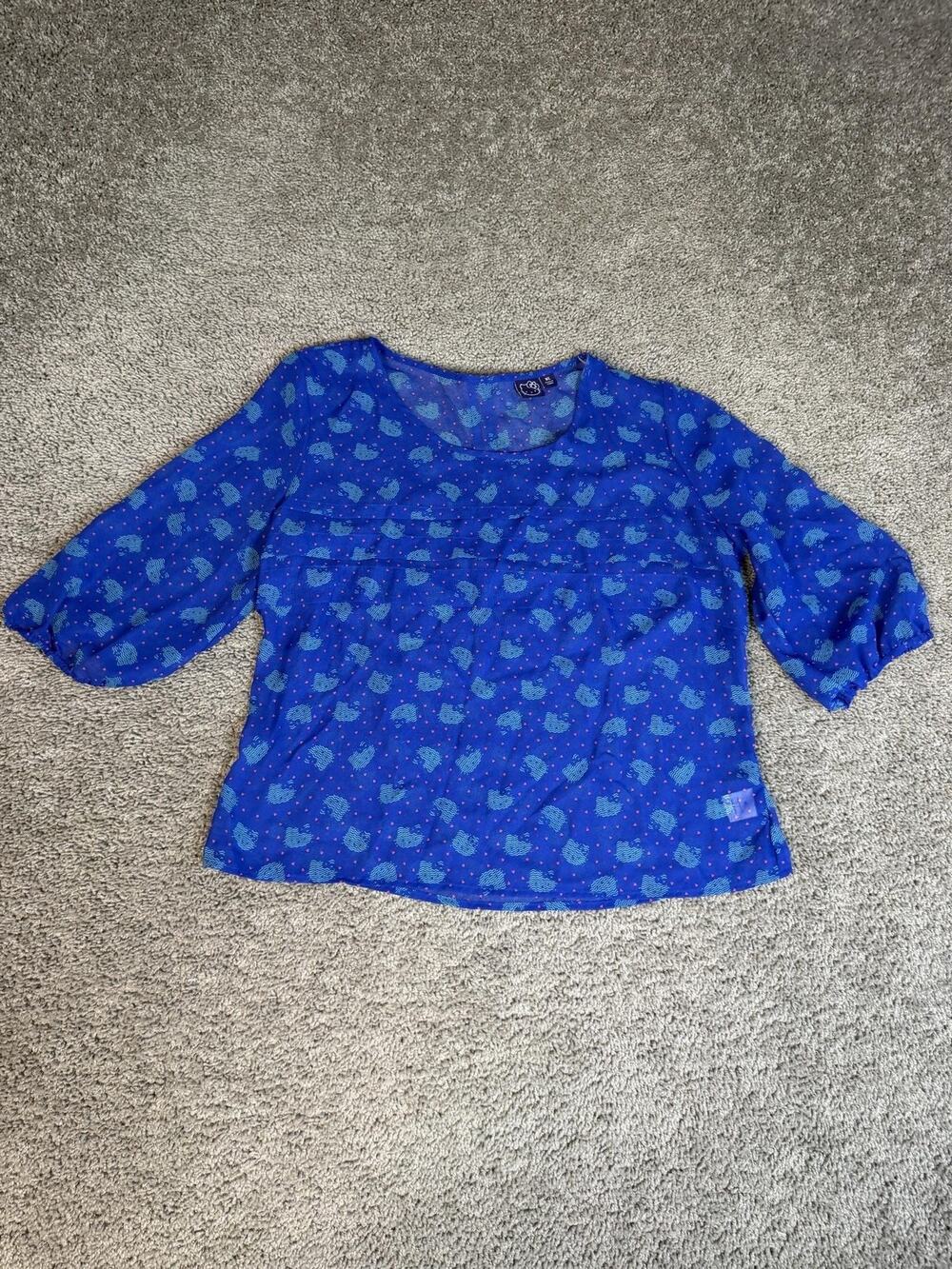 Hello Kitty Blouse Girls XL Blue Scoop Neck 3/4 Balloon Sleeve Chiffon Zip